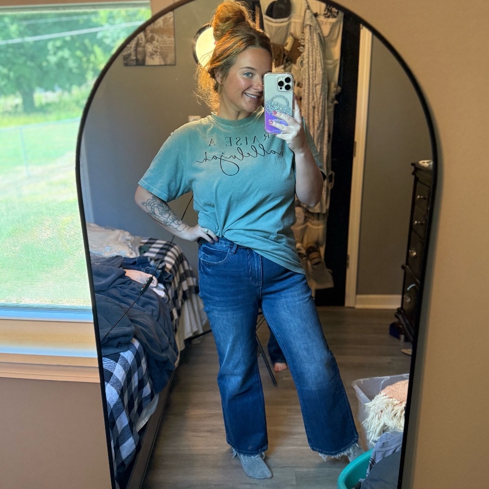 Sail Blue Mineral Wash Raw Hem High Waist Flared Jeans